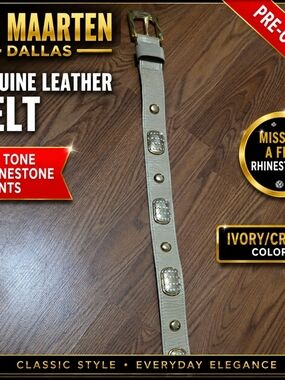St. Maarten Dallas Genuine Leather Belt Gold Rhinestone Accent Women's Ivory